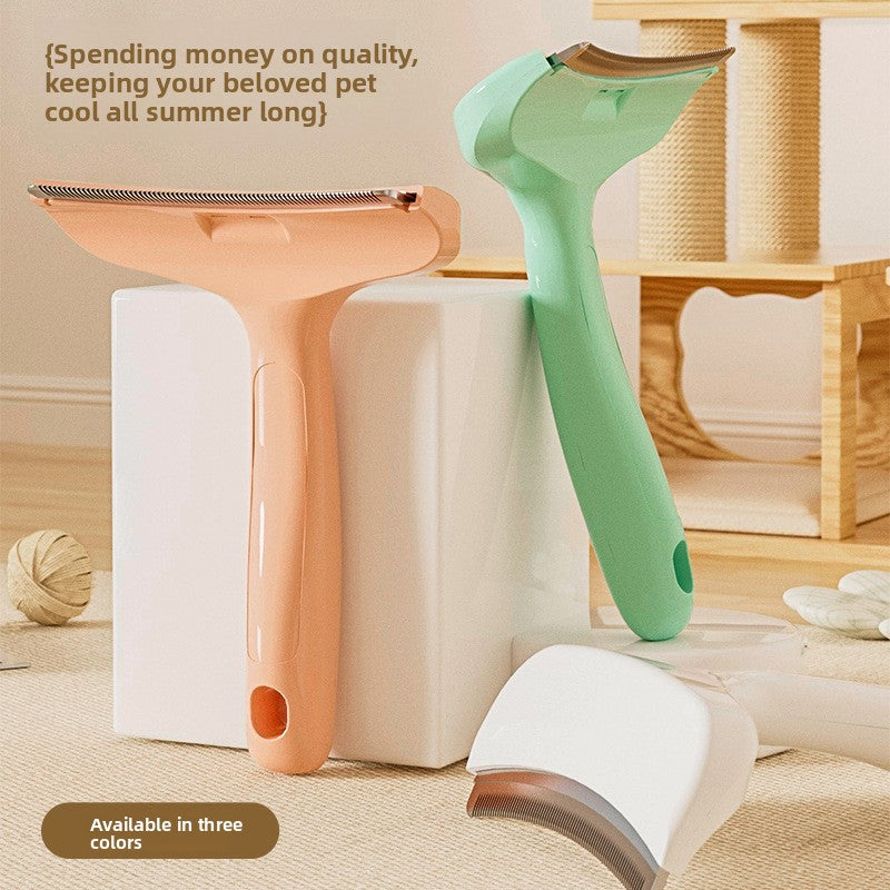 Pet Hair Removal Brush in pink, mint green and white plastic, with broad curved metal-toothed heads and ergonomic handles.