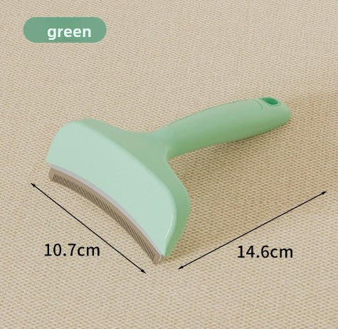Pet Hair Removal Brush in mint green plastic with a curved head, fine metal teeth, and an ergonomic handle