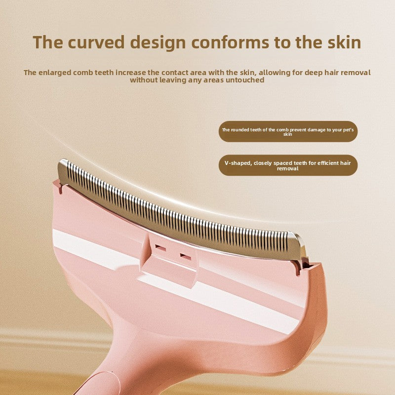 Pet Hair Removal Brush in pink plastic with a curved head and closely spaced V-shaped metal comb teeth