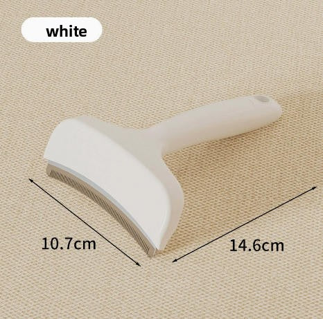 Pet Hair Removal Brush in white plastic with a curved head, fine metal teeth and an ergonomic handle