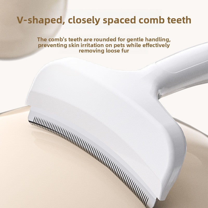 Pet Hair Removal Brush with a white plastic body and V-shaped, closely spaced fine comb teeth for gentle grooming.