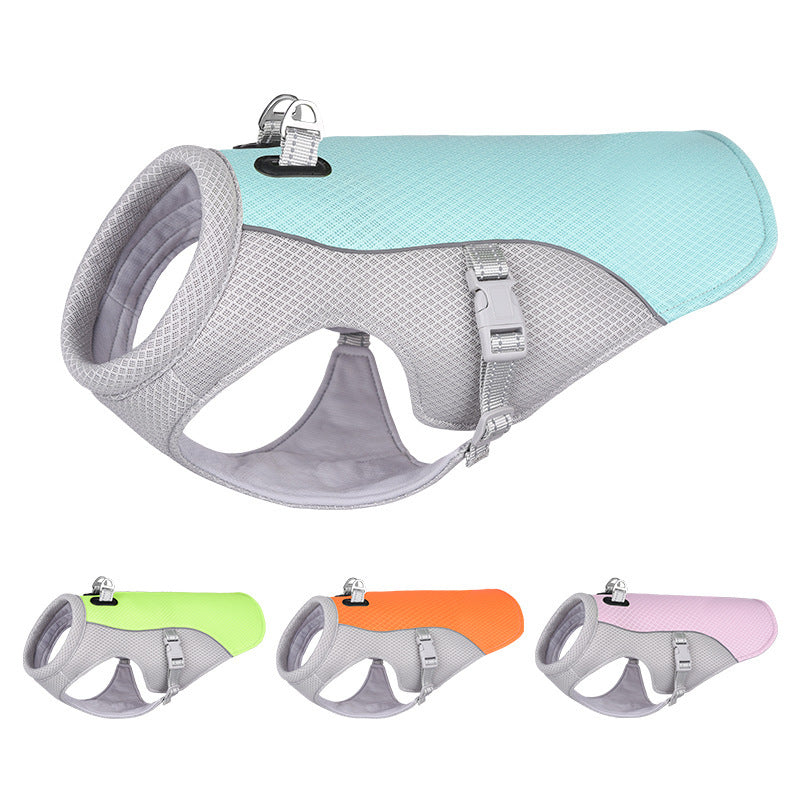 Pet Summer Cooling Vest in aqua blue mesh with gray trim, textured panels, adjustable buckle straps and silver leash clip.