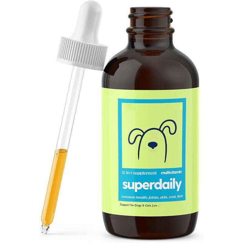 Pet Vitamins liquid supplement in an amber glass dropper bottle with a red label, multivitamin text and measuring pipette.