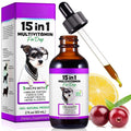 Pet Vitamins liquid multivitamin for dogs in an amber dropper bottle with purple and white labels and pipette