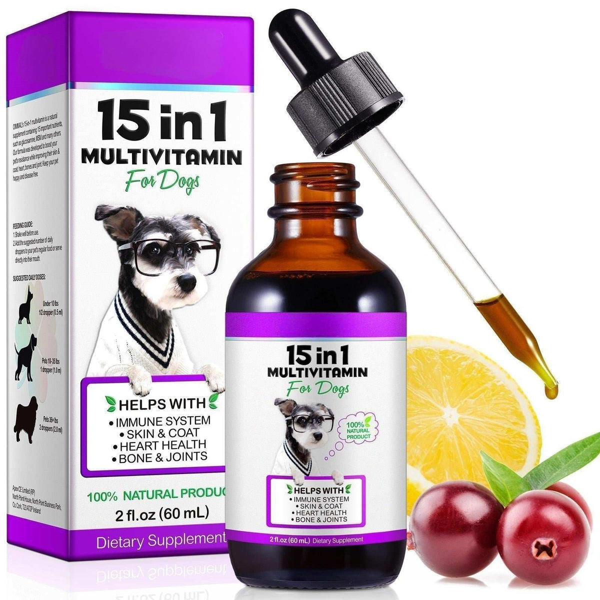 Pet Vitamins liquid multivitamin for dogs in an amber dropper bottle with purple and white labels and pipette