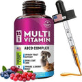 Pet Vitamins in a dark bottle with a magenta 15-in-1 multivitamin label and glass dropper with black cap