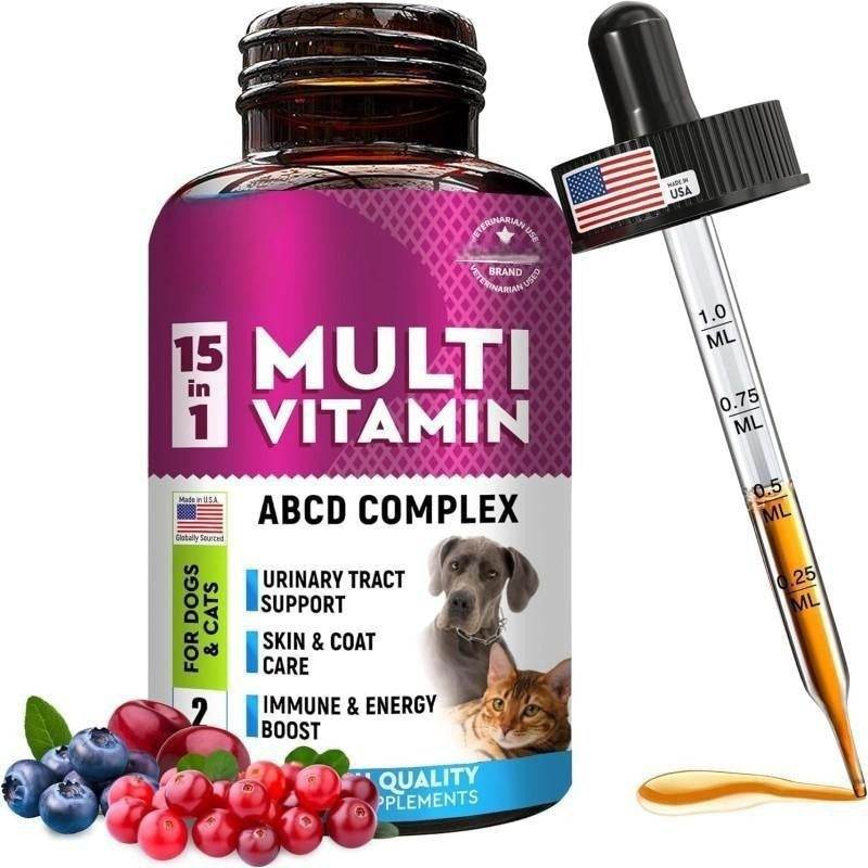 Pet Vitamins in a dark bottle with a magenta 15-in-1 multivitamin label and glass dropper with black cap