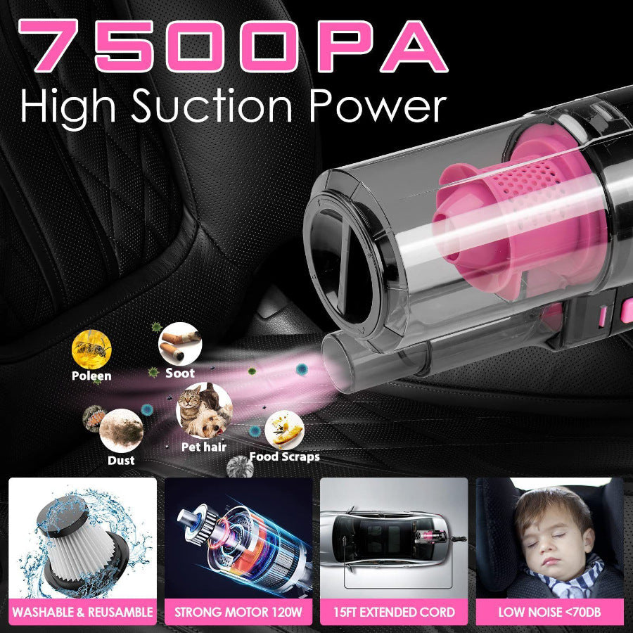 Pink Car Vacuum Cleaner Kit with black and pink plastic vacuum, clear dust chamber and assorted brushes, cloths and nozzles
