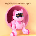 Pink or White Intelligent robot cat toy in glossy pink plastic, with pointed ears, a curled tail and illuminated eyes