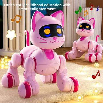Robot dog toy in glossy pink plastic with magenta accents, cat-like ears, a smiling face and wheeled legs; Pink or White Intelligent control toy