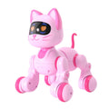Robot dog toy in glossy pink plastic with a black digital face, heart-shaped eyes, pointed ears and wheeled legs; Pink or White Intelligent design.