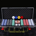 Poker Chips Set with assorted blue, black, green, red, and white chips in a foam-lined aluminum case, plus dealer buttons