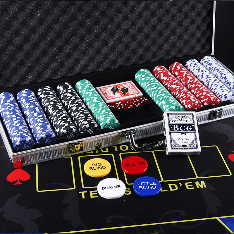 Poker Chips Set in blue, black, green, red and white plastic, with numbered chips, dealer buttons and a silver case.