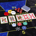 Poker Chips Set with red numbered dice, colorful value chips, Texas Hold'em cards, and dealer buttons