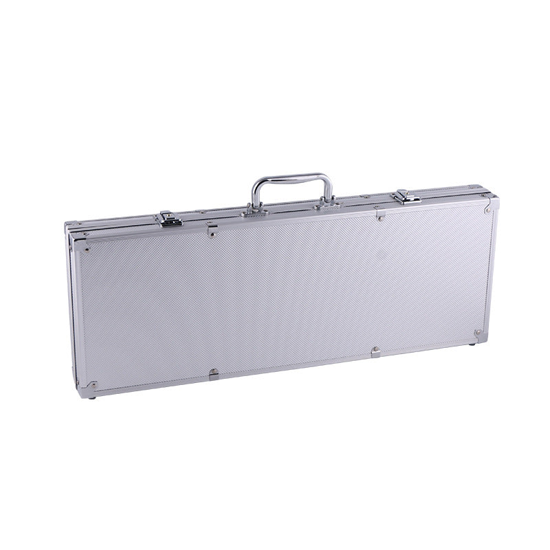Poker Chips Set in a closed silver aluminum carrying case with a handle, metal corners and secure latches