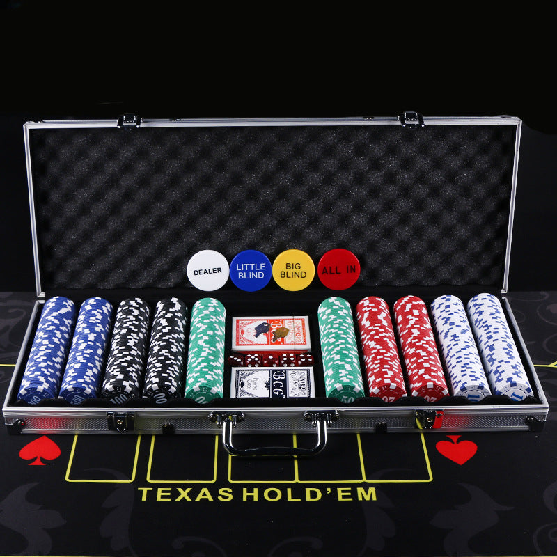 Poker Chips Set with striped blue, black, green, red and white chips, dealer buttons, and cards in a metal case