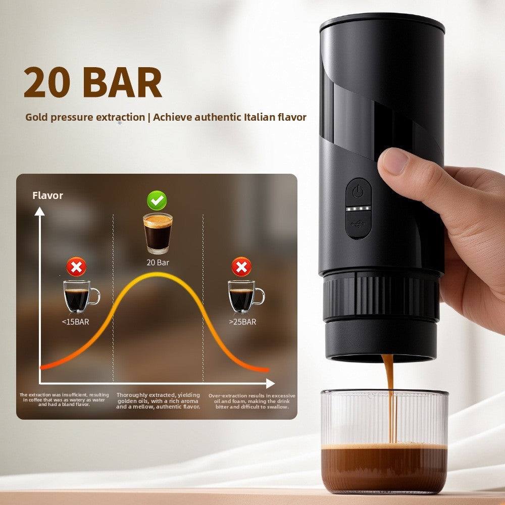 Portable Coffee Machine in a sleek black cylindrical body, dispensing espresso into a clear cup with a crema layer