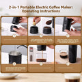 Portable Coffee Machine in black with a stainless steel water tank, shown in a six-step capsule and ground coffee brewing guide.