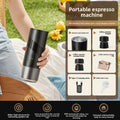 Portable Coffee Machine with a black cylindrical body, stainless steel water tank, and one-touch control button