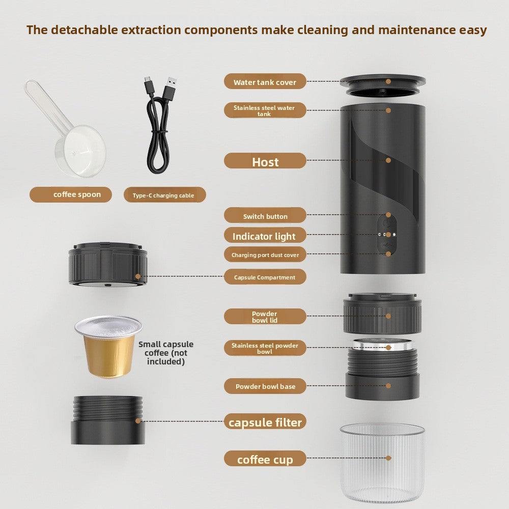 Portable Coffee Machine shown disassembled with black cylindrical parts, stainless steel components, cup, scoop, cable and capsule