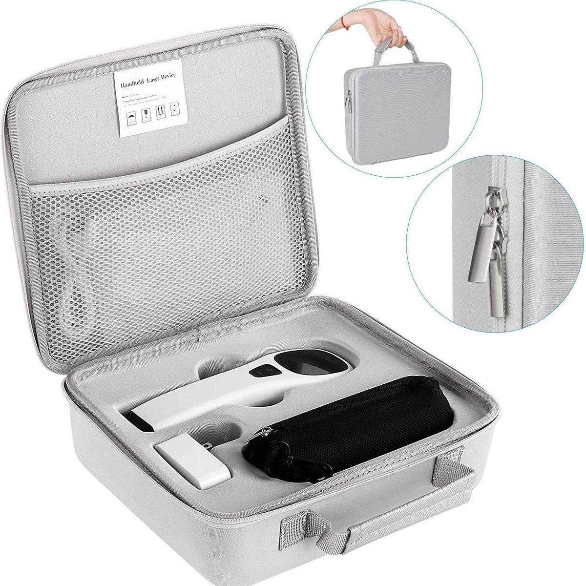 Portable Cold Laser Therapy Device with a white handheld unit and accessories inside a grey zippered carrying case with mesh pockets