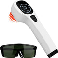 Portable Cold Laser Therapy Device with a white handheld body, black display and control button, shown with dark safety glasses