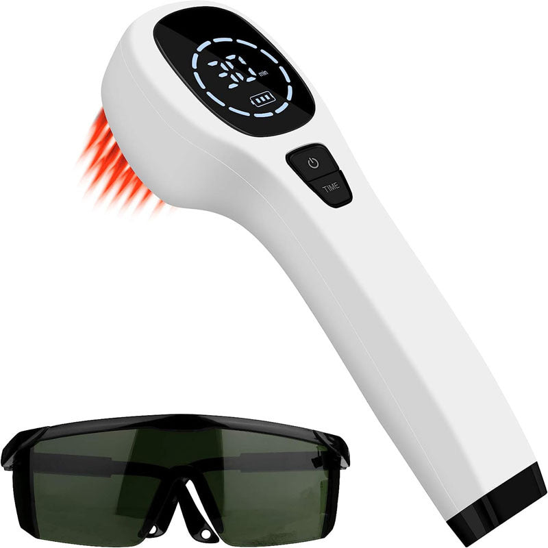 Portable Cold Laser Therapy Device with a white handheld body, black display and control button, shown with dark safety glasses