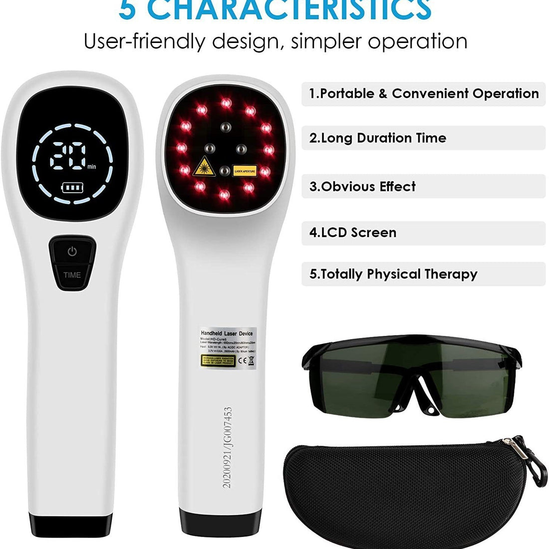 Portable Cold Laser Therapy Device with a white handheld body, black digital control panel, red light emitters, and carrying case
