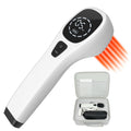 Portable Cold Laser Therapy Device in white with a black digital control panel, emitting red light, beside an open carrying case