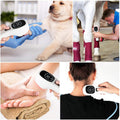 Portable Cold Laser Therapy Device, a white handheld unit with black controls, shown on a dog, horse, foot and shoulder