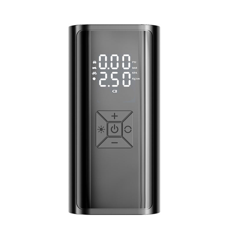Portable Digital Car tire inflator with a sleek black ABS body, digital pressure display, and central control buttons.