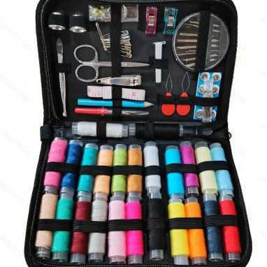 Portable Household Sewing Tools kit in a black zippered fabric case, with colorful thread spools and assorted metal tools inside
