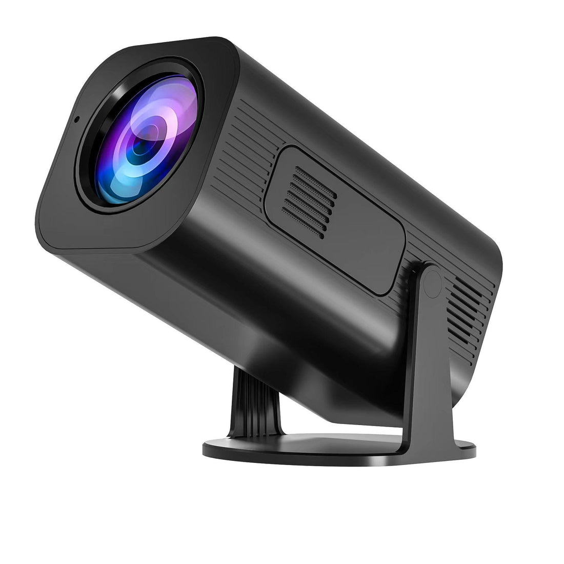 Portable Projector with a black matte-finish housing, colorful front lens, vented sides, and adjustable stand
