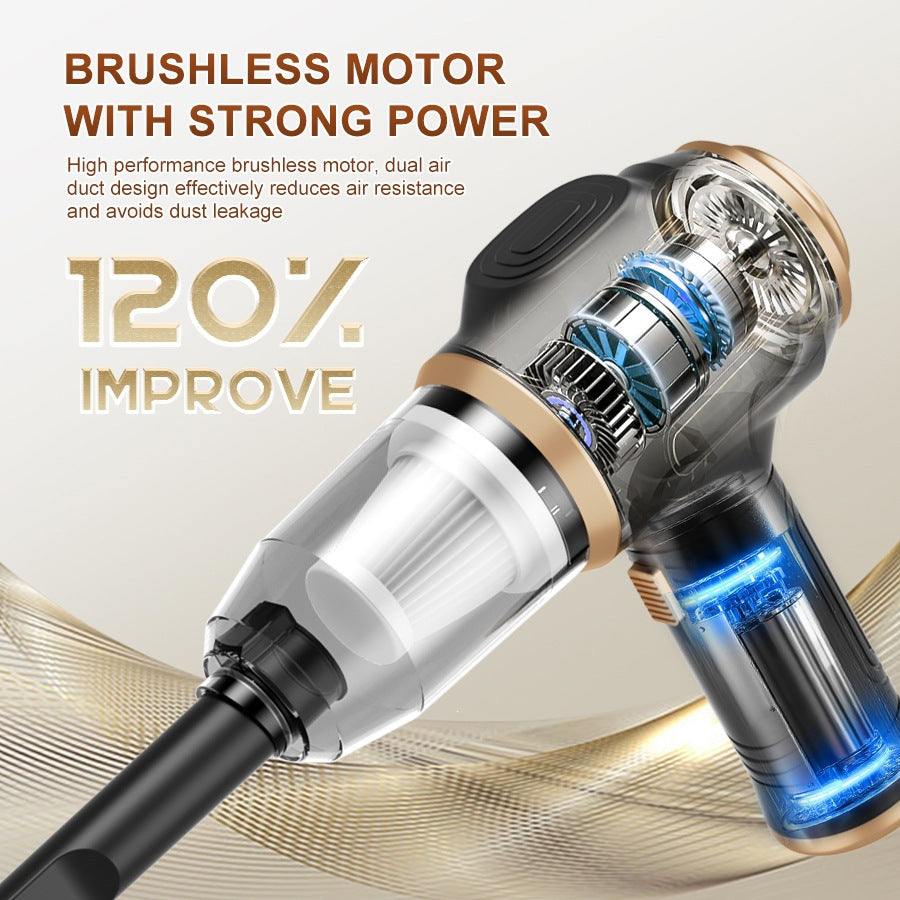 Portable Vacuum Cleaner with a black and gold plastic body, digital display, clear dust cup and interchangeable nozzles