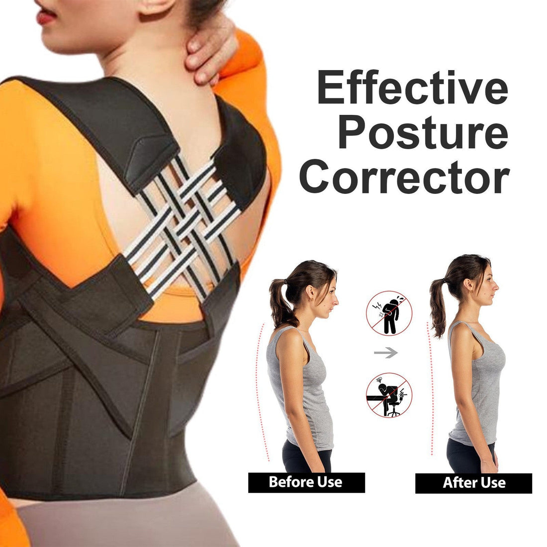 Posture Corrector with a black fabric back brace, broad shoulder straps, adjustable cross-back elastic bands and reinforced support panels