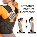 Posture Corrector with a black fabric back brace, broad shoulder straps, adjustable cross-back elastic bands and reinforced support panels