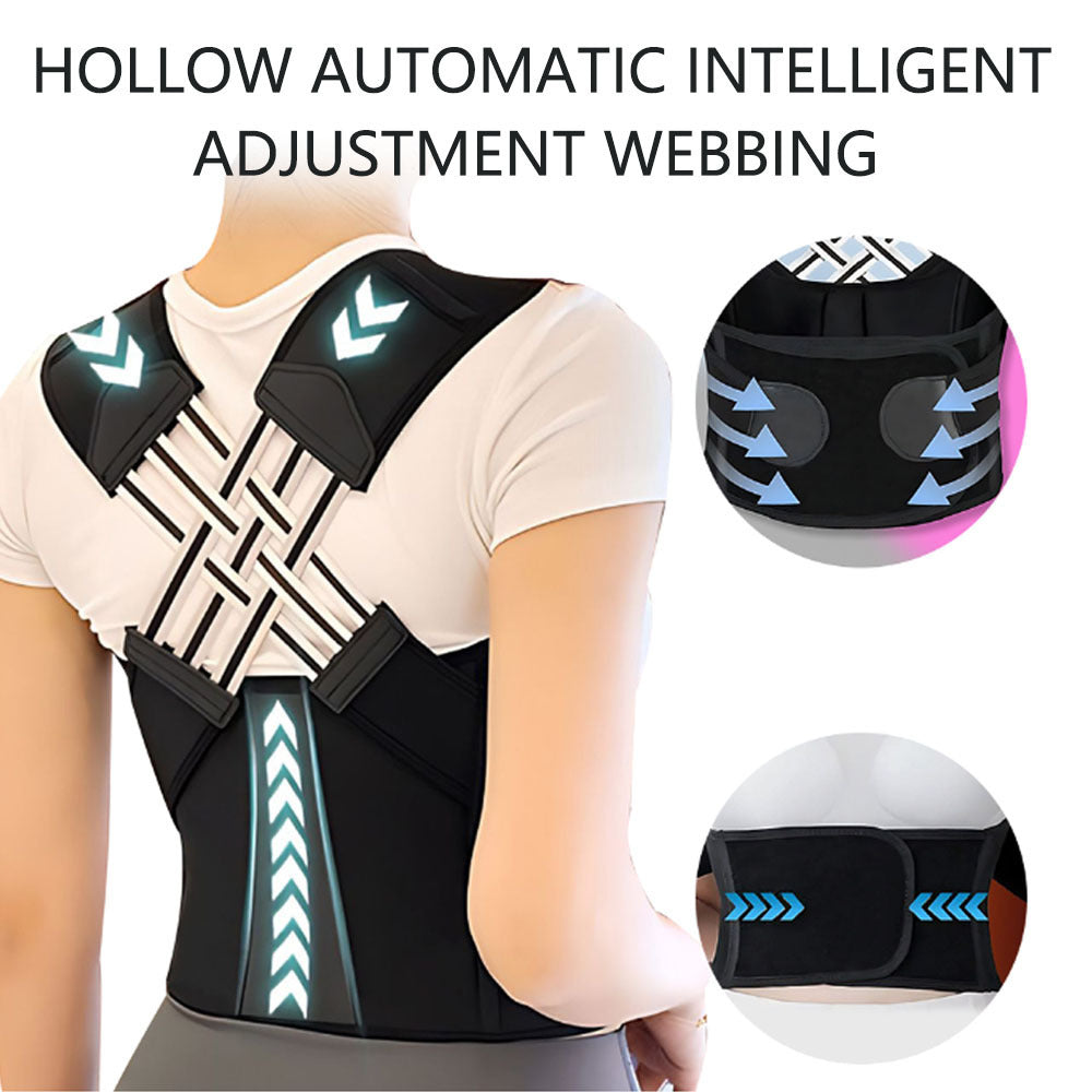 Posture Corrector with a black fabric back brace, broad shoulder straps, adjustable cross-back elastic bands and reinforced support panels