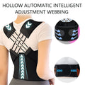 Posture Corrector in black elastic neoprene with adjustable crisscross webbing, shoulder straps, and teal arrow accents