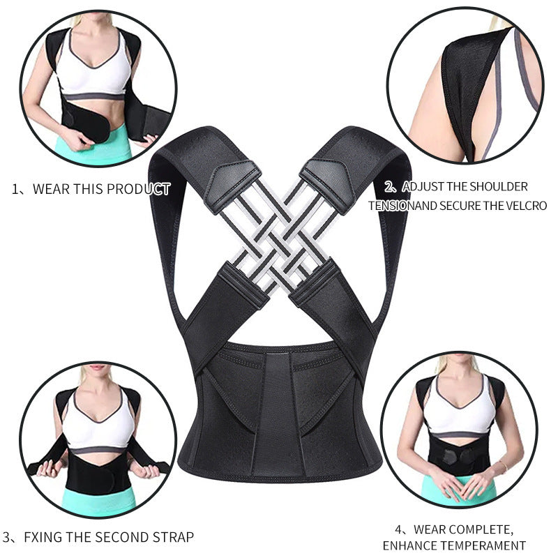 Posture Corrector in black breathable fabric with adjustable shoulder straps and crossed reinforced back supports