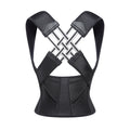 Posture Corrector in black breathable fabric with adjustable shoulder straps and crossed reinforced back-support bands