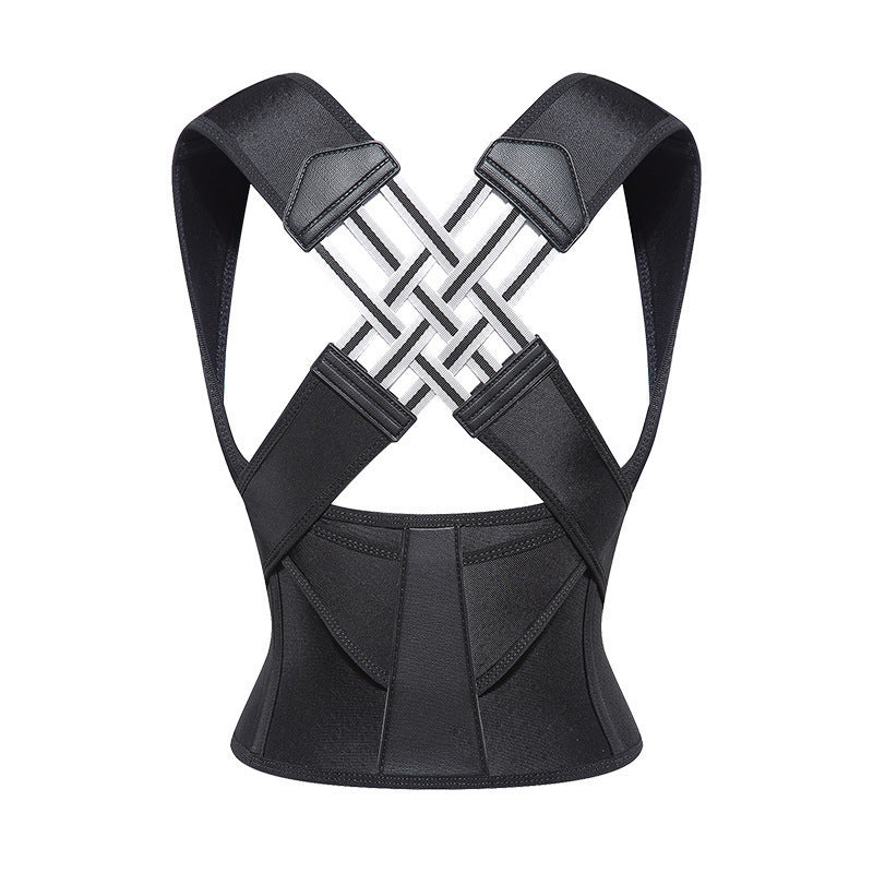 Posture Corrector in black fabric with adjustable shoulder straps, crossed white support bands and a broad reinforced back panel