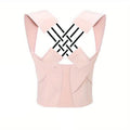 Posture Corrector in pale pink fabric with wide shoulder straps, adjustable hook-and-loop panels, and black-and-white crossed back supports