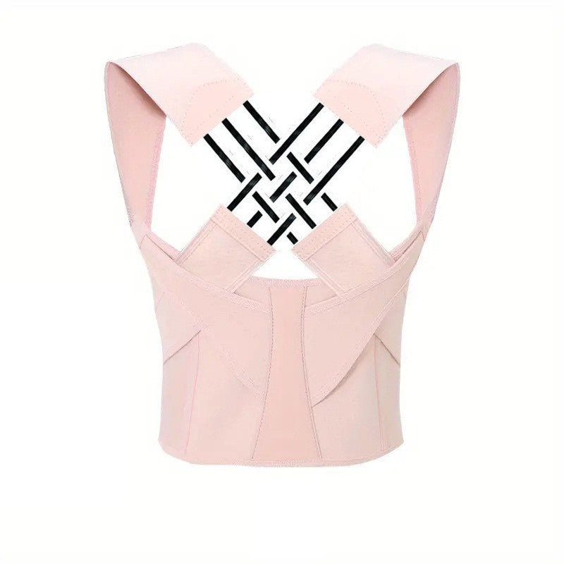 Posture Corrector in pale pink fabric with adjustable shoulder straps and a black-and-white crossed support panel