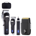 Professional Cordless Hair Trimmer set in black with a textured case, clipper, compact trimmer, nose attachment and foil shaver