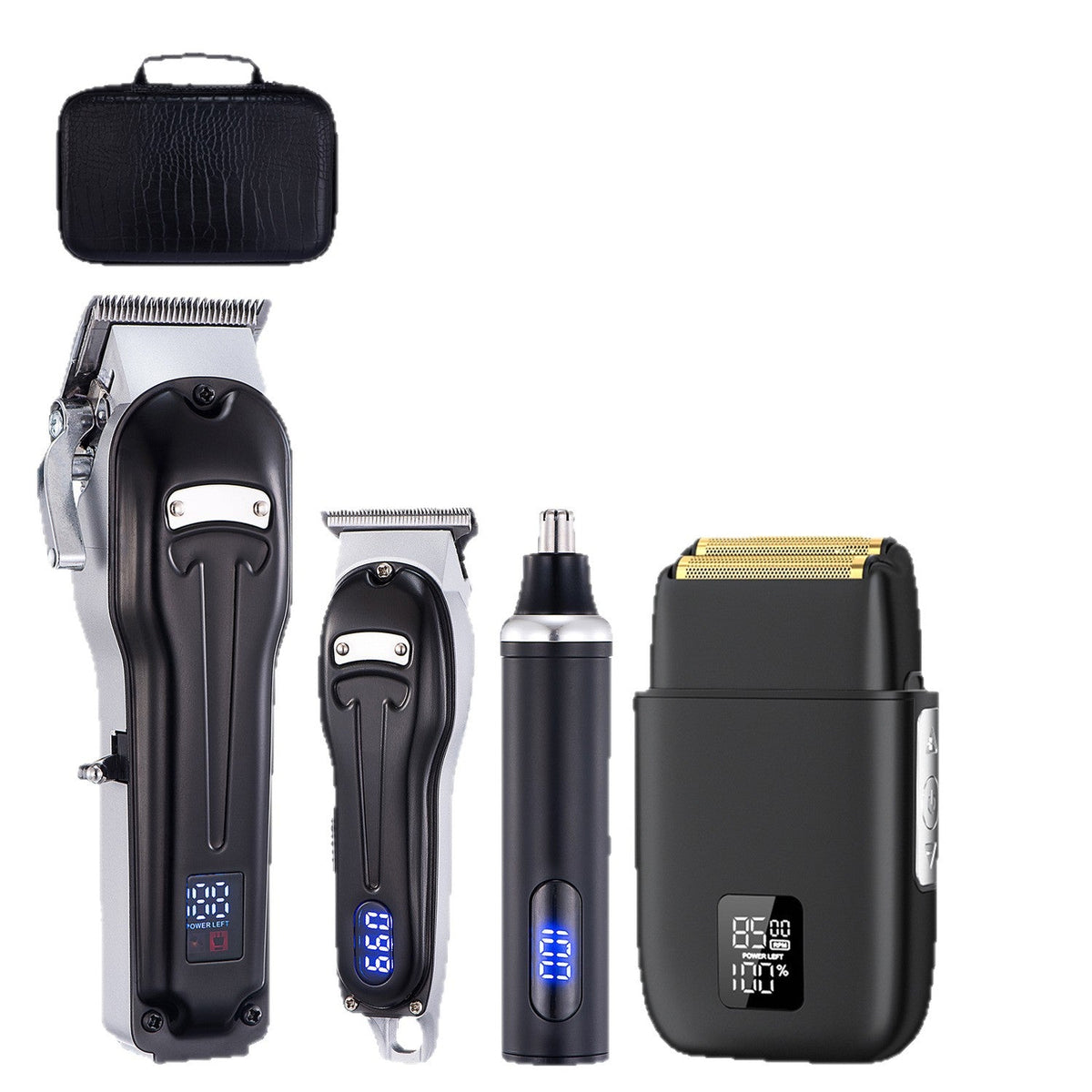 Professional Cordless Hair Trimmer set in black with a textured case, clipper, compact trimmer, nose attachment and foil shaver