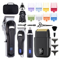 Professional Cordless Hair Trimmer set with black and silver clippers, nose and foil attachments, colorful comb guards