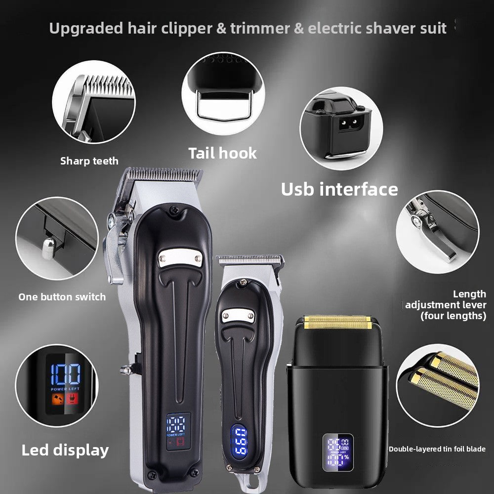 Professional Cordless Hair Trimmer set in black with sleek metal-finish clippers, foil shaver, nose attachment and colourful comb guards.