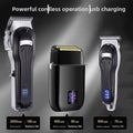 Professional Cordless Hair Trimmer set with black and silver clippers and a black foil shaver, featuring digital displays