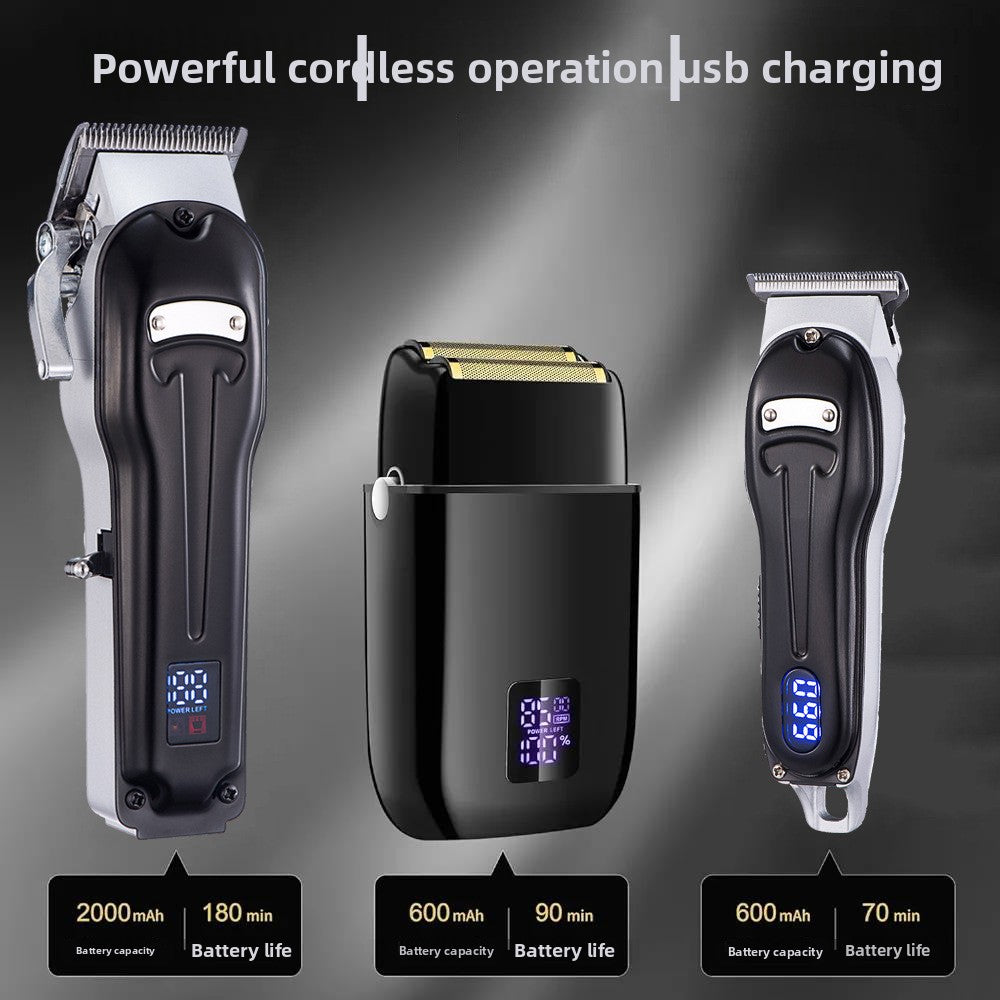 Professional Cordless Hair Trimmer set with black and silver clippers and a black foil shaver, featuring digital displays