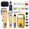 Professional Cordless Hair Trimmer set in gold and silver with digital displays, clipper guards, nose trimmer and foil shaver